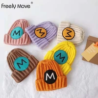 freely move baby knit hat for boys girls autumn winter warm kids beanie children hats newborn baby cap with leather label