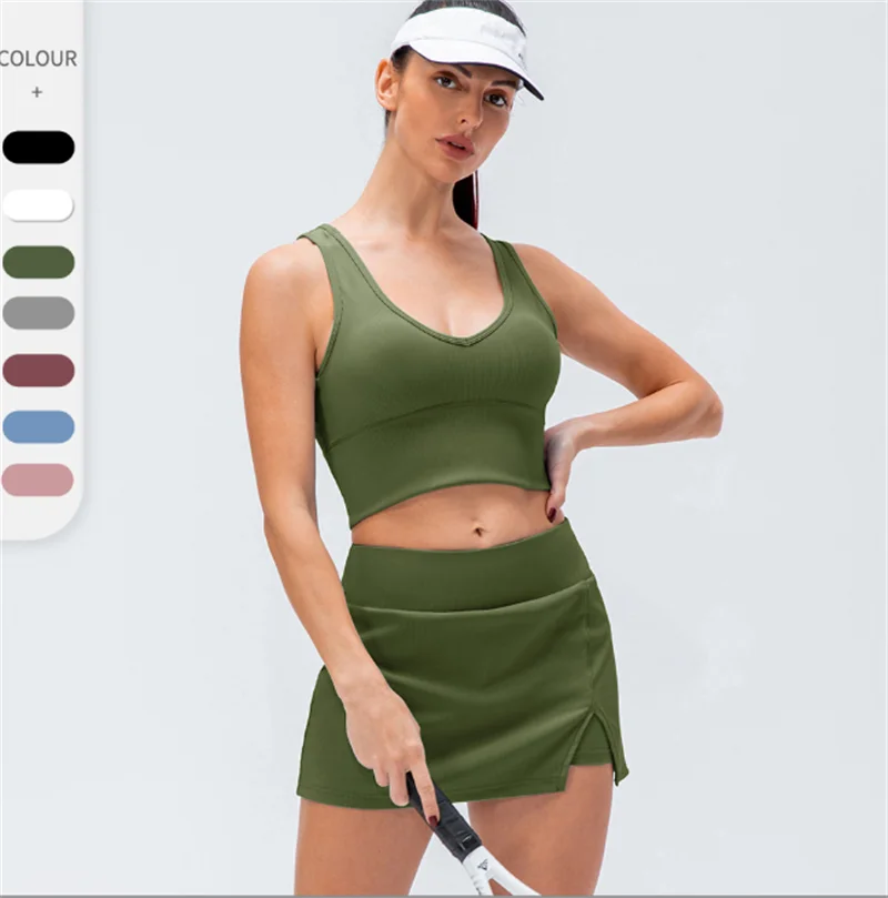 

Sexy Women Middle High Impact Athletic Tennis Bra Skirts Sets Ribbed Breathable Sports Fitness Running Sweat-wicking Suits