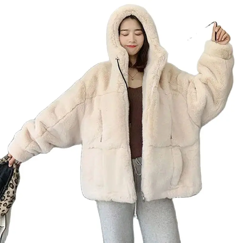Women's Fur Jacket Famale Loose Faux Rabbit Fur Zip Hooded Thicken 2022 Winter short Fur Coat pocket zipper Thick fur korean
