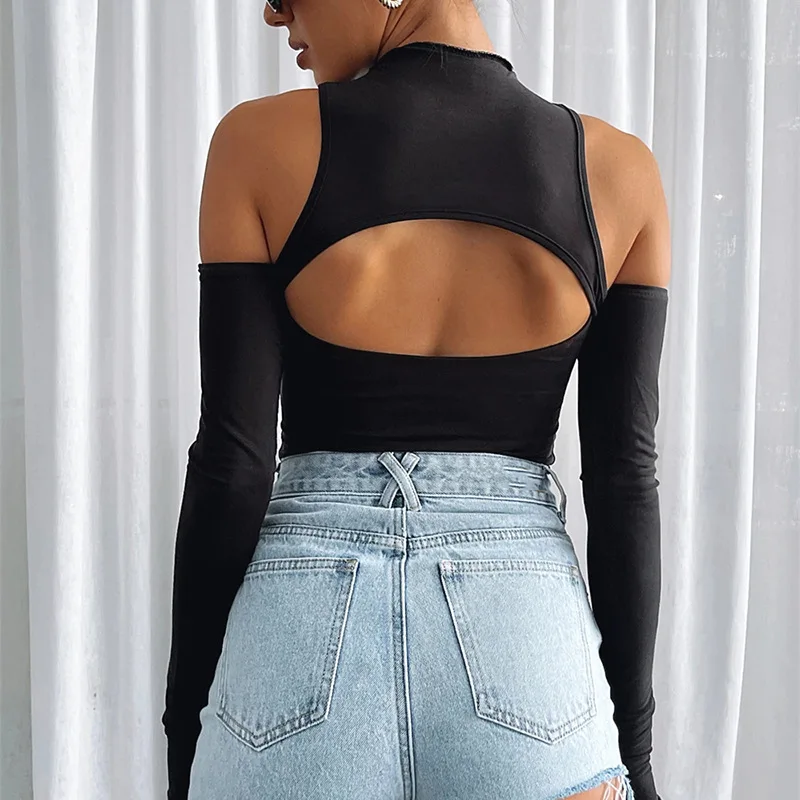 

2022 Women Black Bodysuits Bodycon Cold Shoulder Outfits Female Long Sleeve White Spring Rompers Backless Casual Jumpers PR3333G
