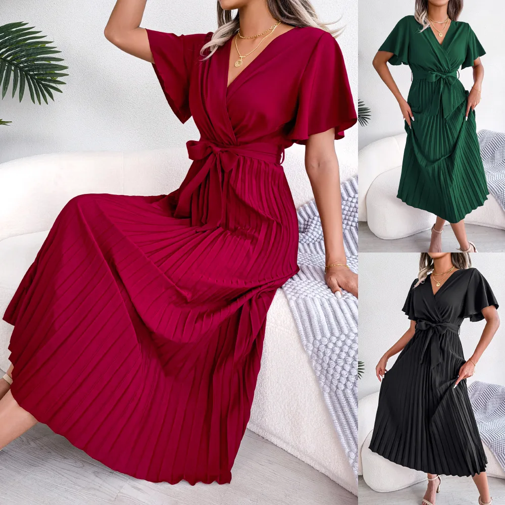 

Spring and Summer Women's Temperament Cross V-Neck Large Pleated Dress Female & Lady Fashion Casual Party Solid Color Long Dress
