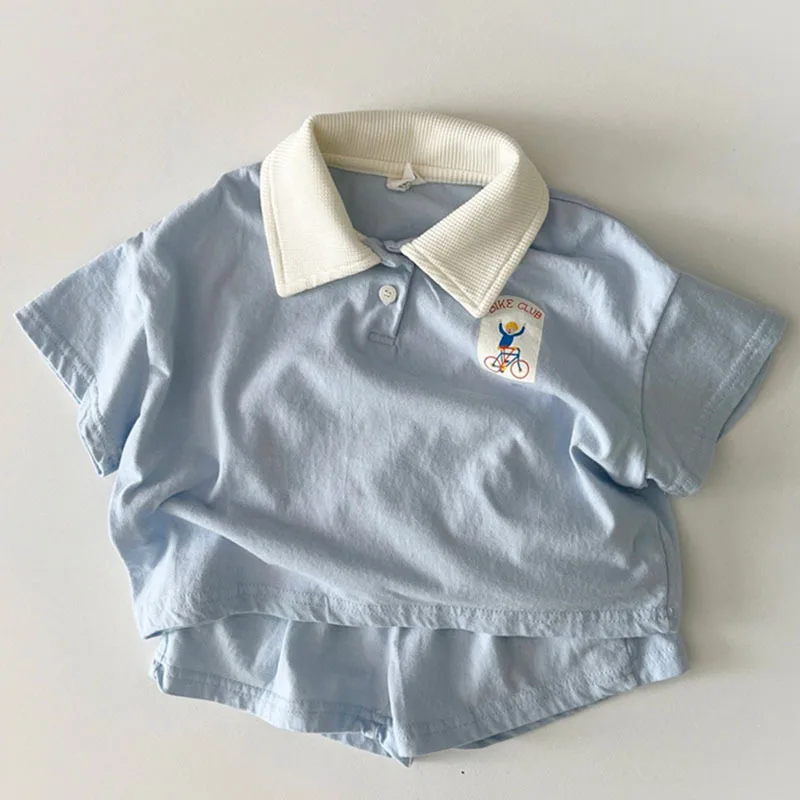 Baby Boy Summer Kids Clothes Girls Cotton Cartoon Lapel Shirt Short Sleeve + Shorts Two-piece Set Children Suit