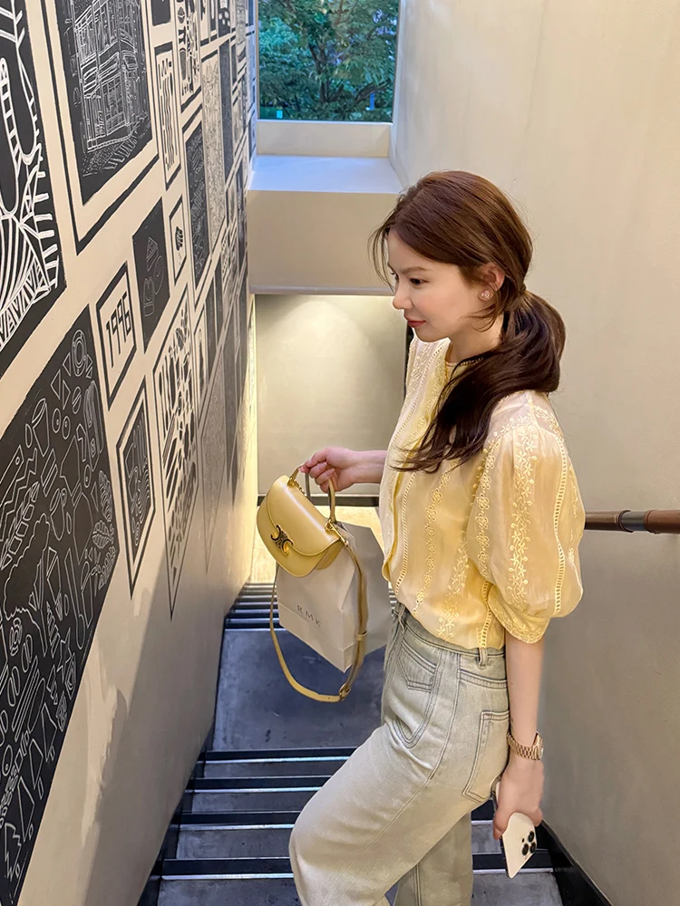 Wxlstudio рубашки с короткими рукавами и вышивкой женские летние 2024 новый дворец