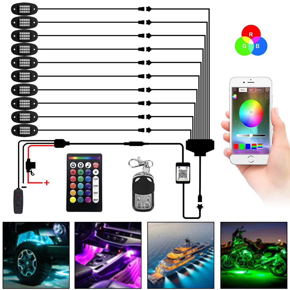 

Multicolor Car Accessories Bluetooth App Control DIY Underbody Neon Atmosphere Lamps 8/10 Pods LED RGB Rock Music Lights