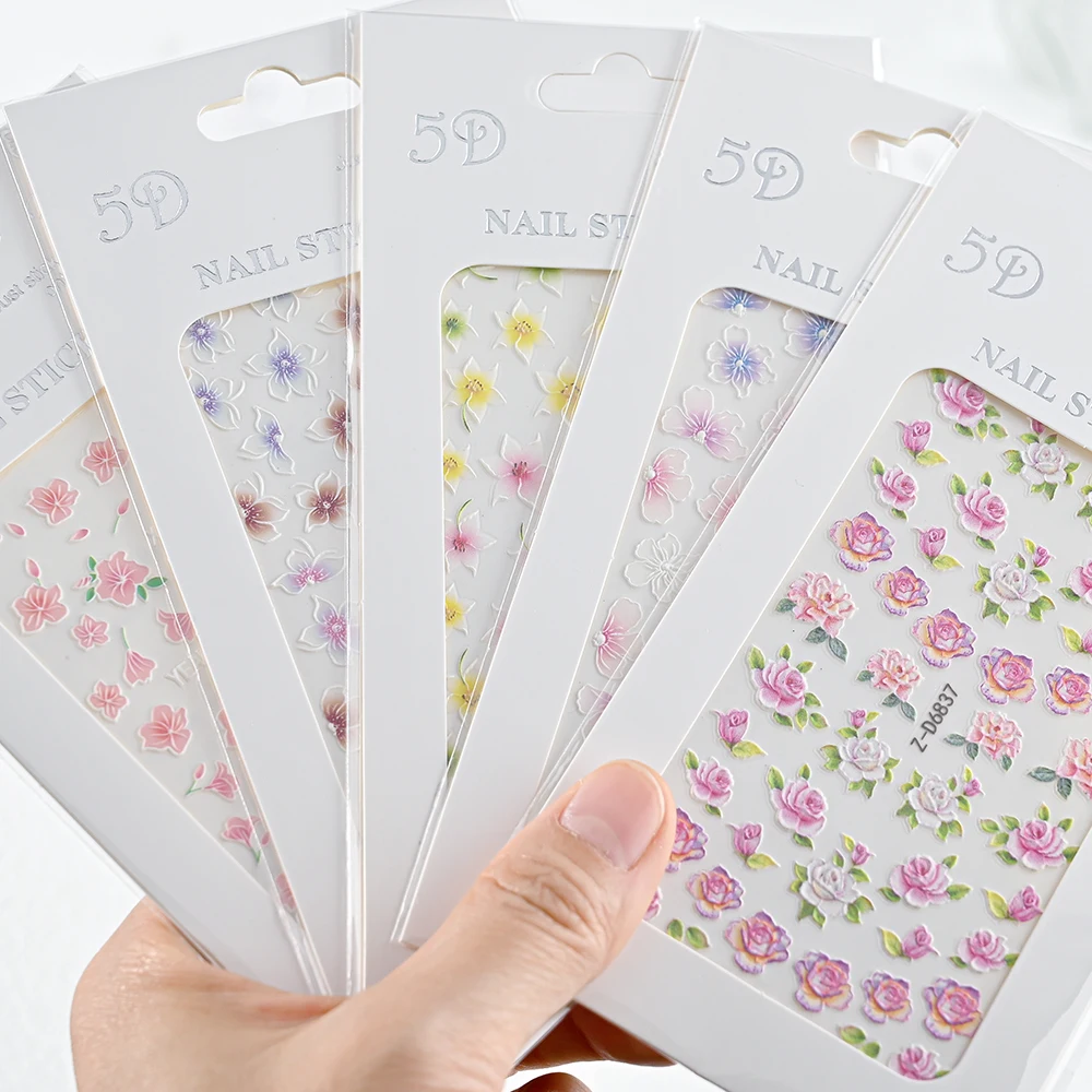 

1Pc 5D Embossed Flower Nail Sticker White Flower Wedding Design Nails Decal Love Heart Valentine's Day Self Adhesive Decal Decor