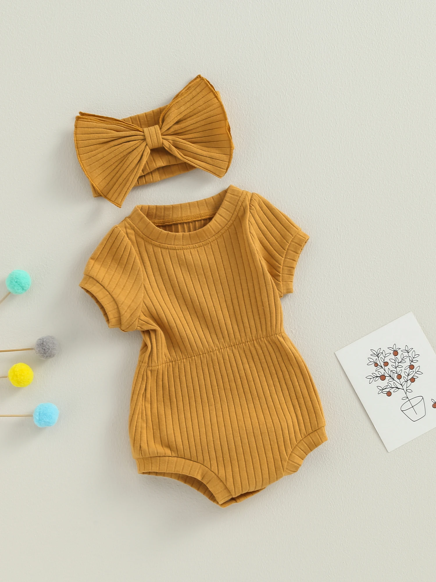 

AEEMCEM Mameluco de manga corta para niña recién nacida de color liso con diadema traje de verano A-bean Verde 3-6 Meses