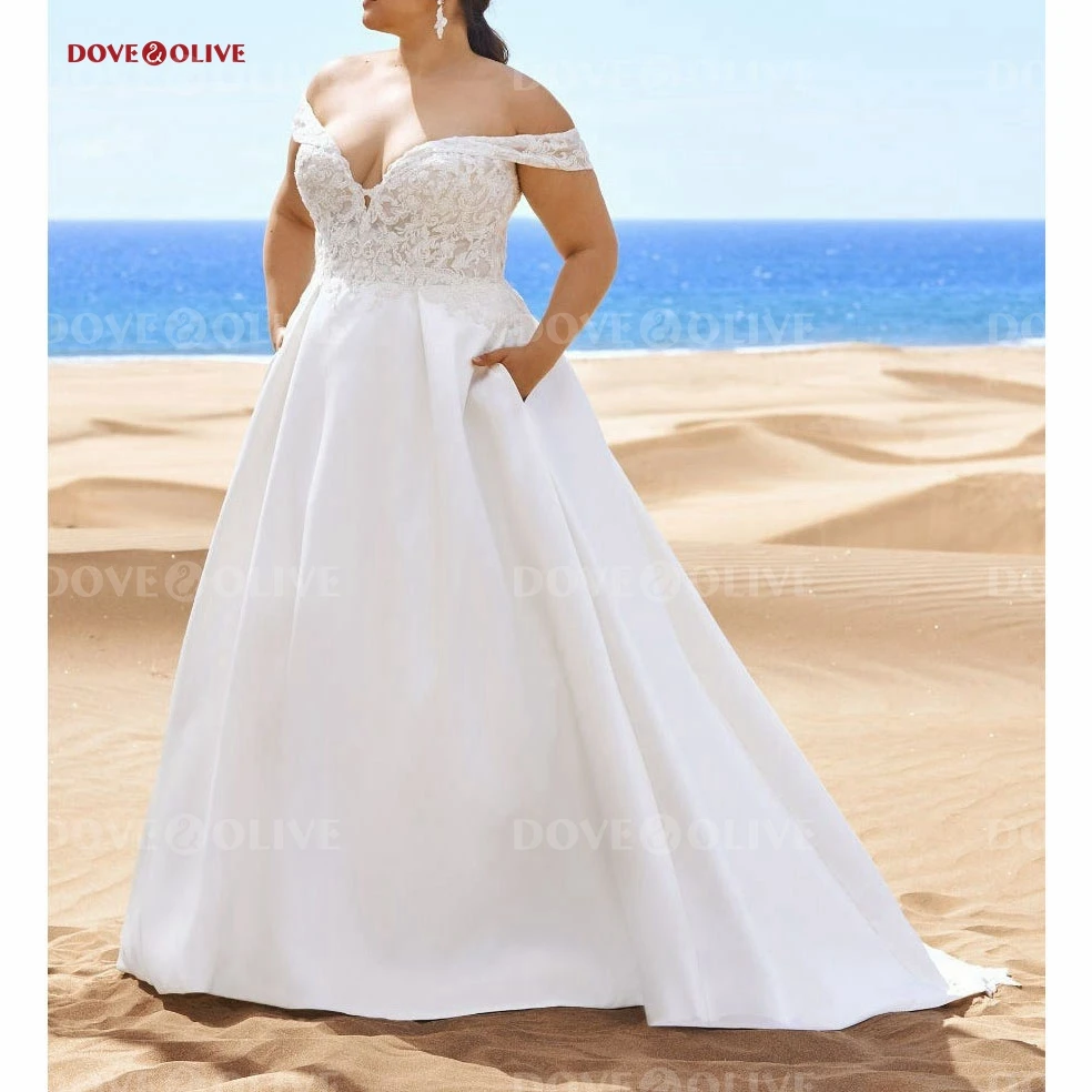 

Plus Size Wedding Dresses Satin Lace Appliques Ball Gown Off Shoulder Sheer Bodice with Pockets Sweep Train Bridal Gowns