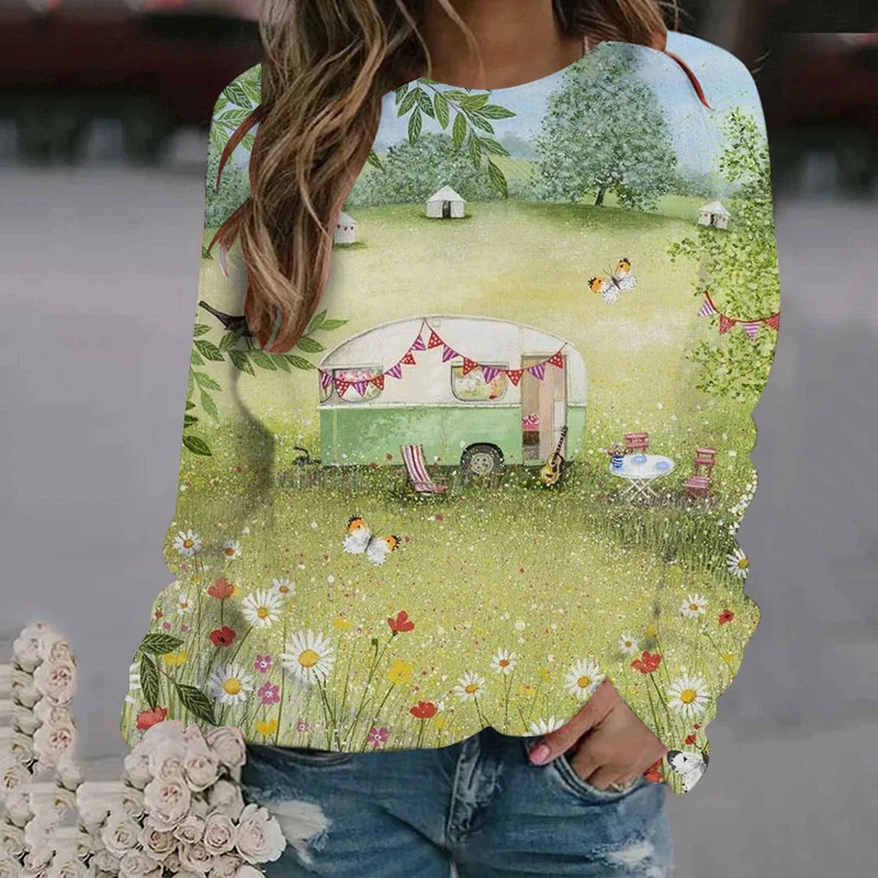 

2023 New Women's T-shirt Animal Scenery Casual Top Holiday Weekend Spring And Summer Long-Sleeved Floral Crewneck