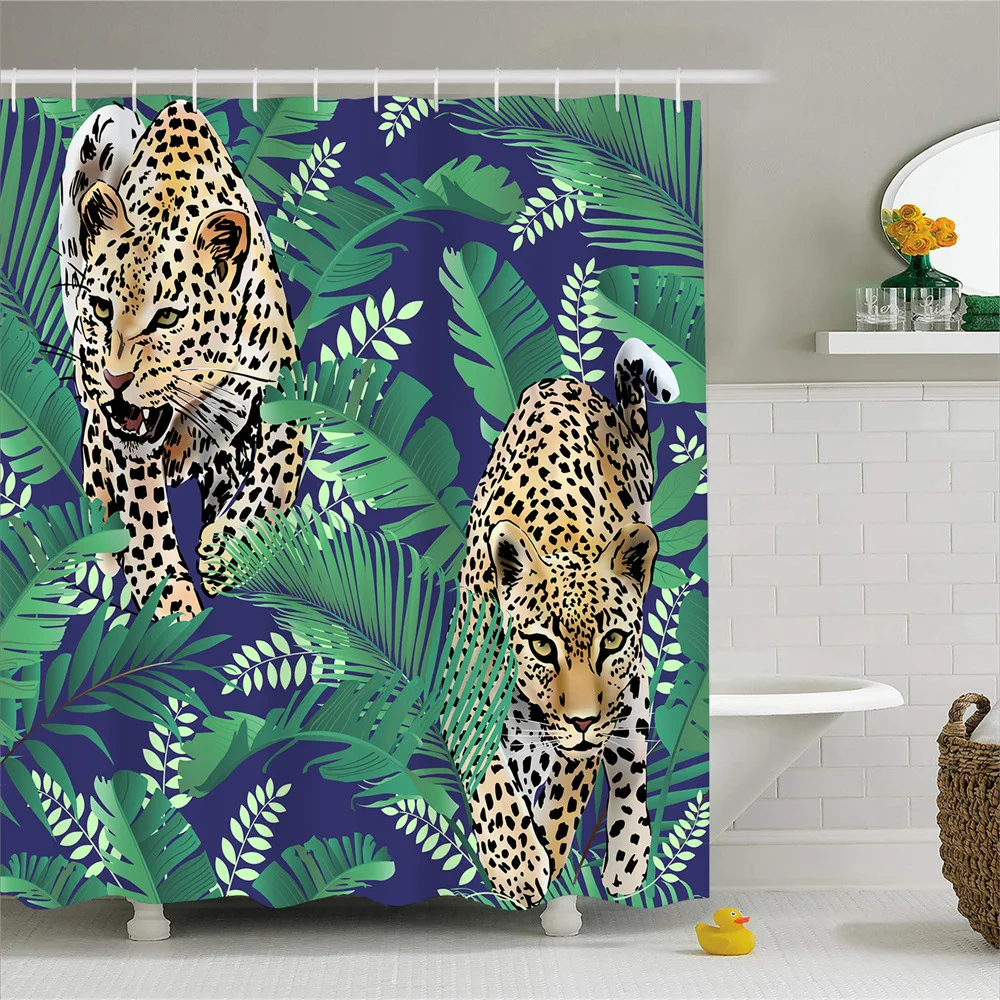 

Tropical Palm Leaves Leopard Shower Curtain Wildlife Tiger Big Cat Plant Green Leaf Rainforest Animal Bath Curtains with Hooks