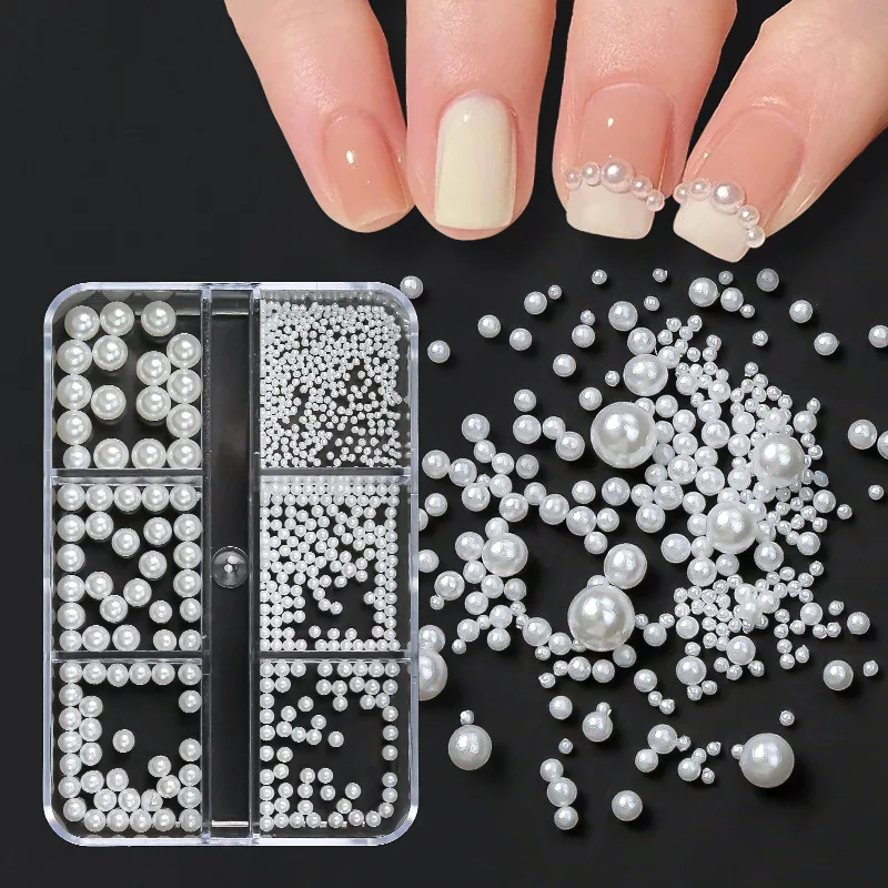 

6 Grids AB Pearl Nail Art Decorations Flatback 1mm-5mm Pearls Pure White Beads 3D Nail Jewelry Crystal Rhinestones DIY Manicures