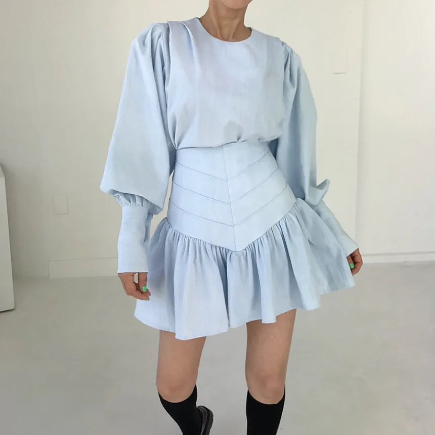 

Spring New Shirts Two-piece Suits Women Korean Chic Blue Long Sleeve Blouse+ High Waist Ruffle Skirt Sets Woman 2022
