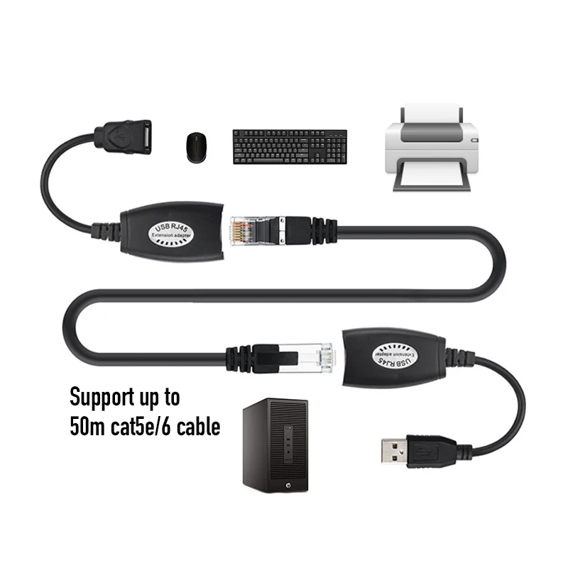 Фото 1 пара USB-удлинителей сигнала более 50 м Cat5E/6 LAN RJ45 Ethernet-удлинительный кабель-адаптер для проводной клавиатуры, мыши, аксессуары для ПК №2