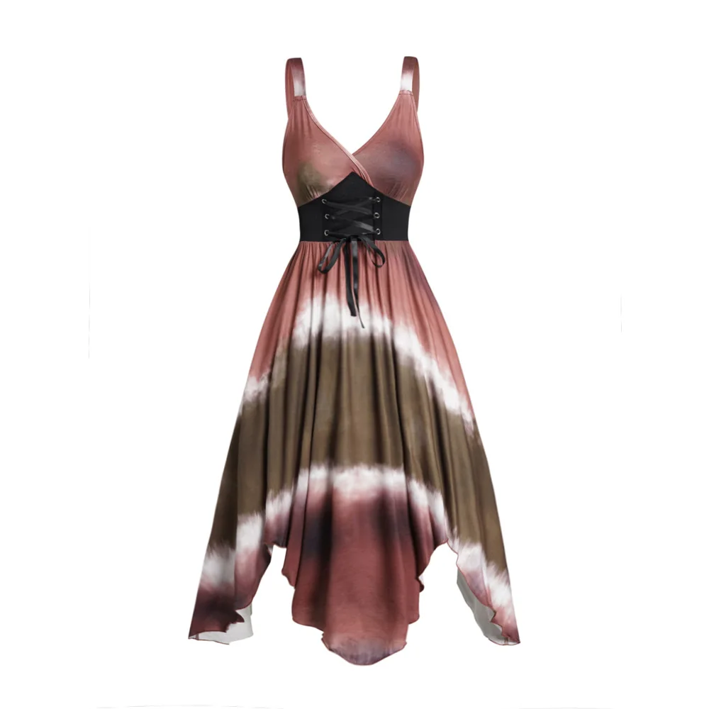 

Original Design Women Fashion Tie Dye Print Corset Style Midi Dress Lace Up Surplice Neck Handkerchief Hem Jurken