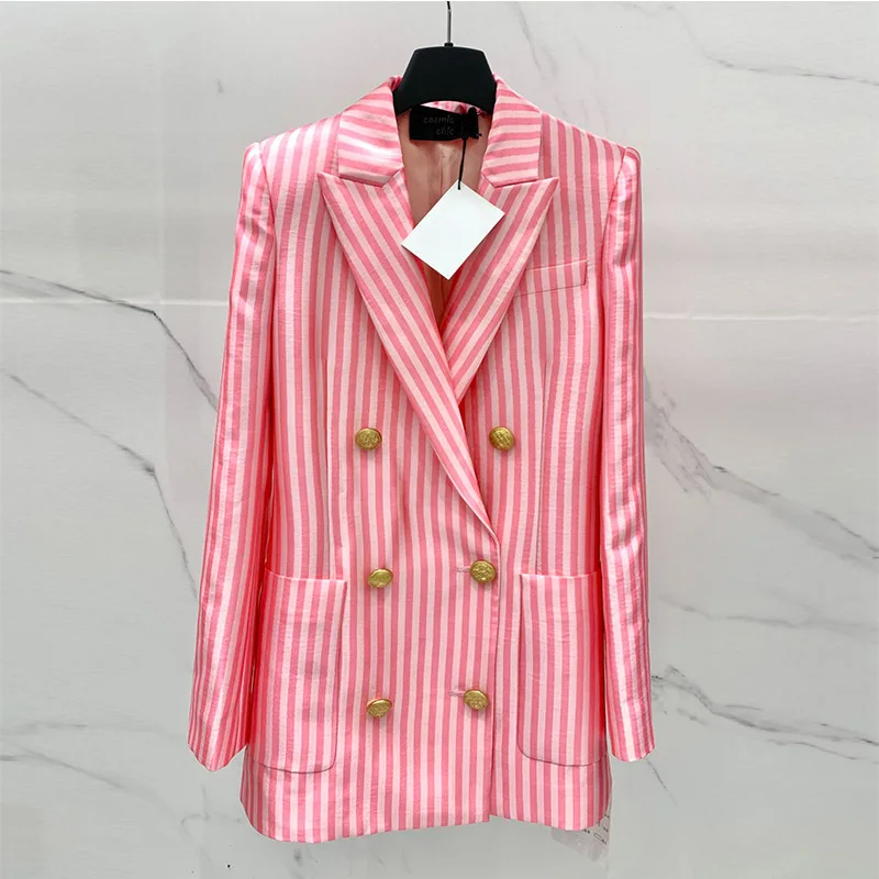 

Женский блейзер в полоску, свободный розовый блейзер с золотыми пуговицами и карманами, Элегантный дизайнерский жакет с длинным рукавом и в...