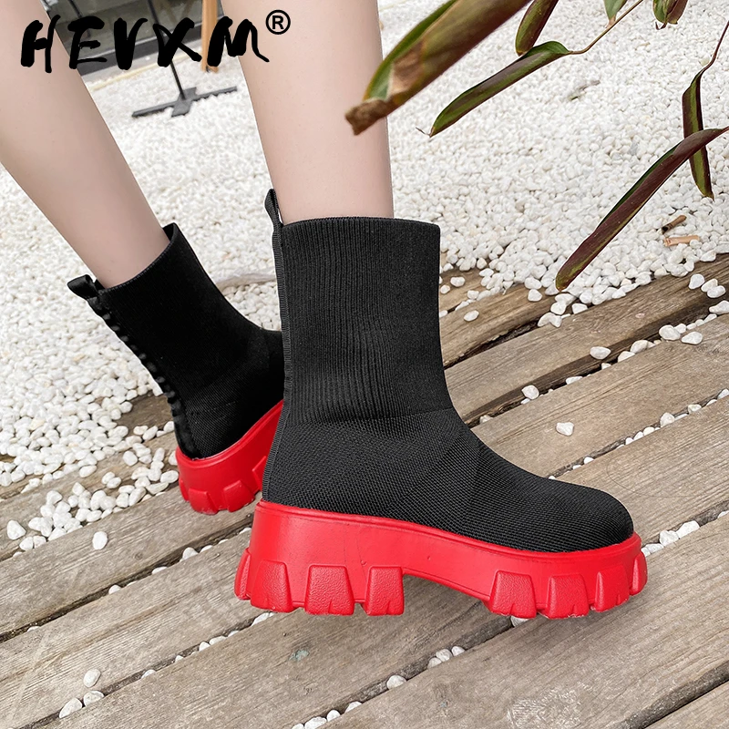 

Red Chunky Sole Platform Sock Boots Stretch Fabric Shoes Women Mid-Calf Thick Heel Chelsea Biker Booties Large size 35-43