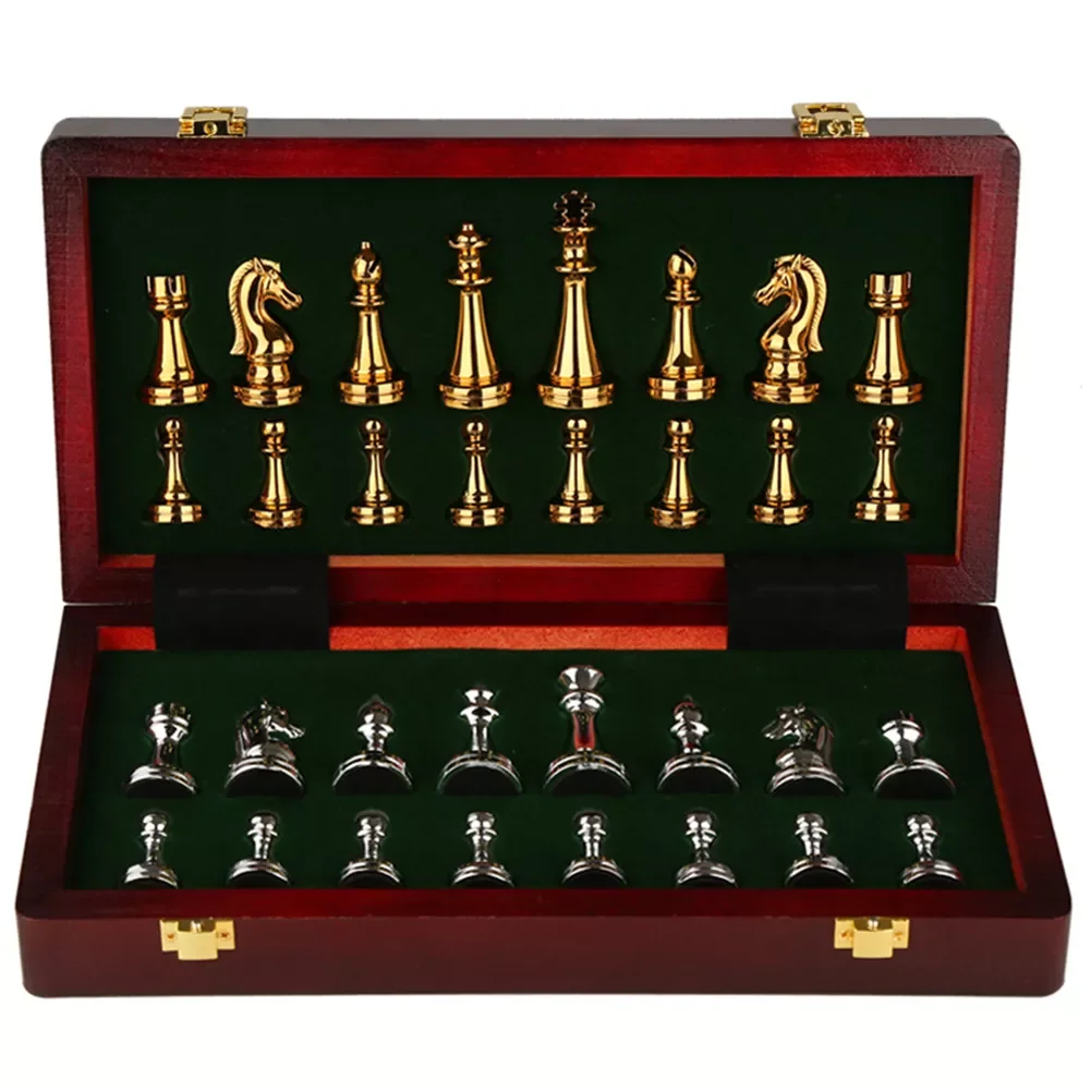 Chess Pieces International Wooden Chessboard Folding Metal Chess Pieces Set Children Aldult Decor with Gift Box