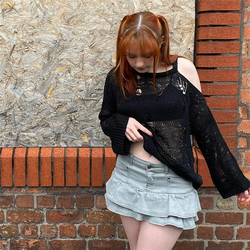 

Y2k Black Hollow Out Knitted Smock Tops Crochet Sweaters Women Sexy Off Shoulder goth Knitwear Knit Pullover Jumper Sweater 2022