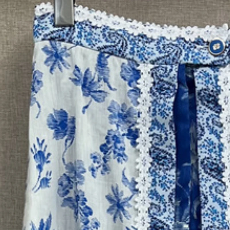 

2023 Summer New Blue Floral Slit High Waist Lace Women Culottes