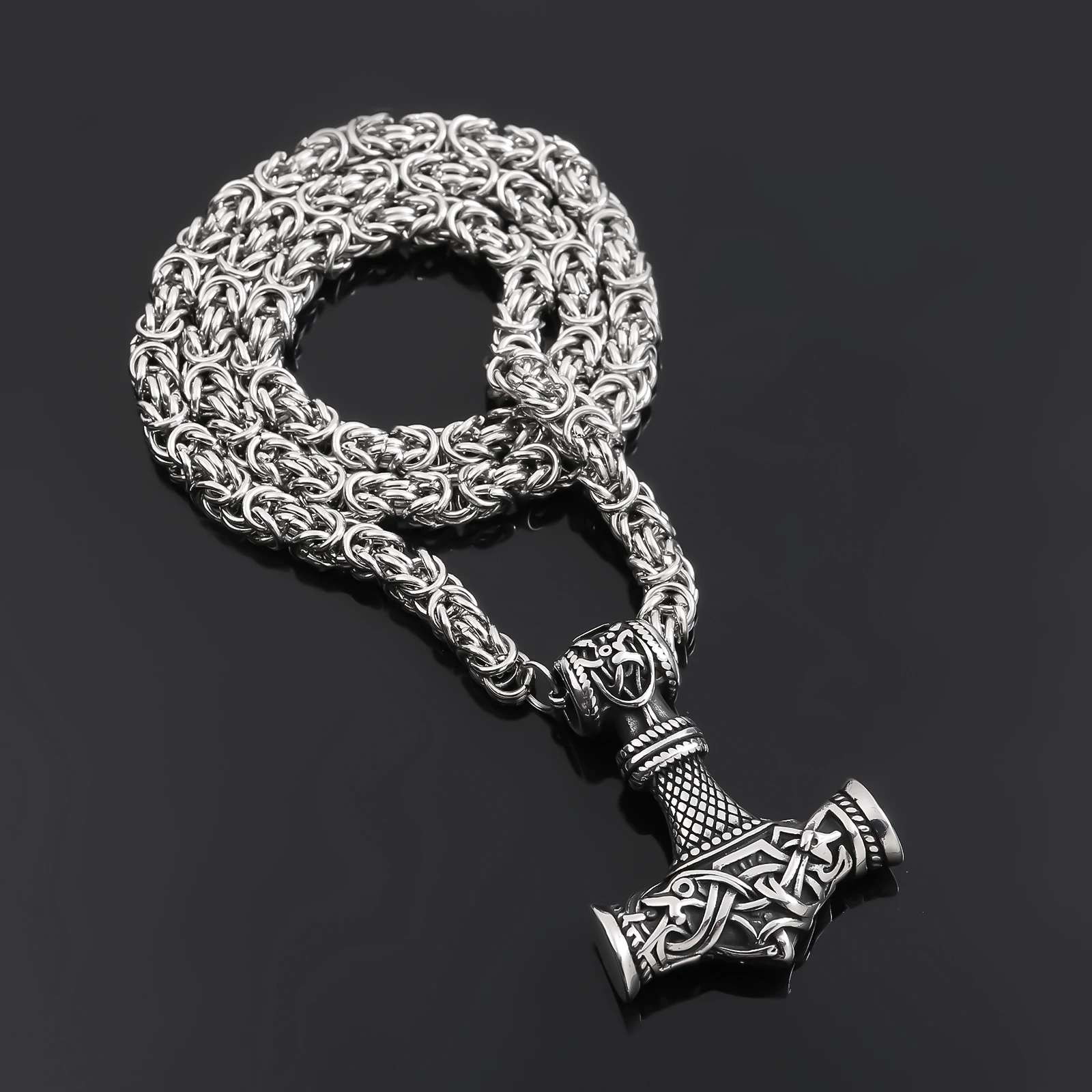 

Latest Design Stainless Steel High Polished Viking Jewelry Giant Mjolnir Byzantine Chain Necklace