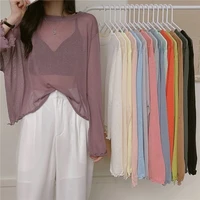 candy color long sleeved mesh t shirt women summer thin top loose wild round neck sunscreen shirt top blouses femme