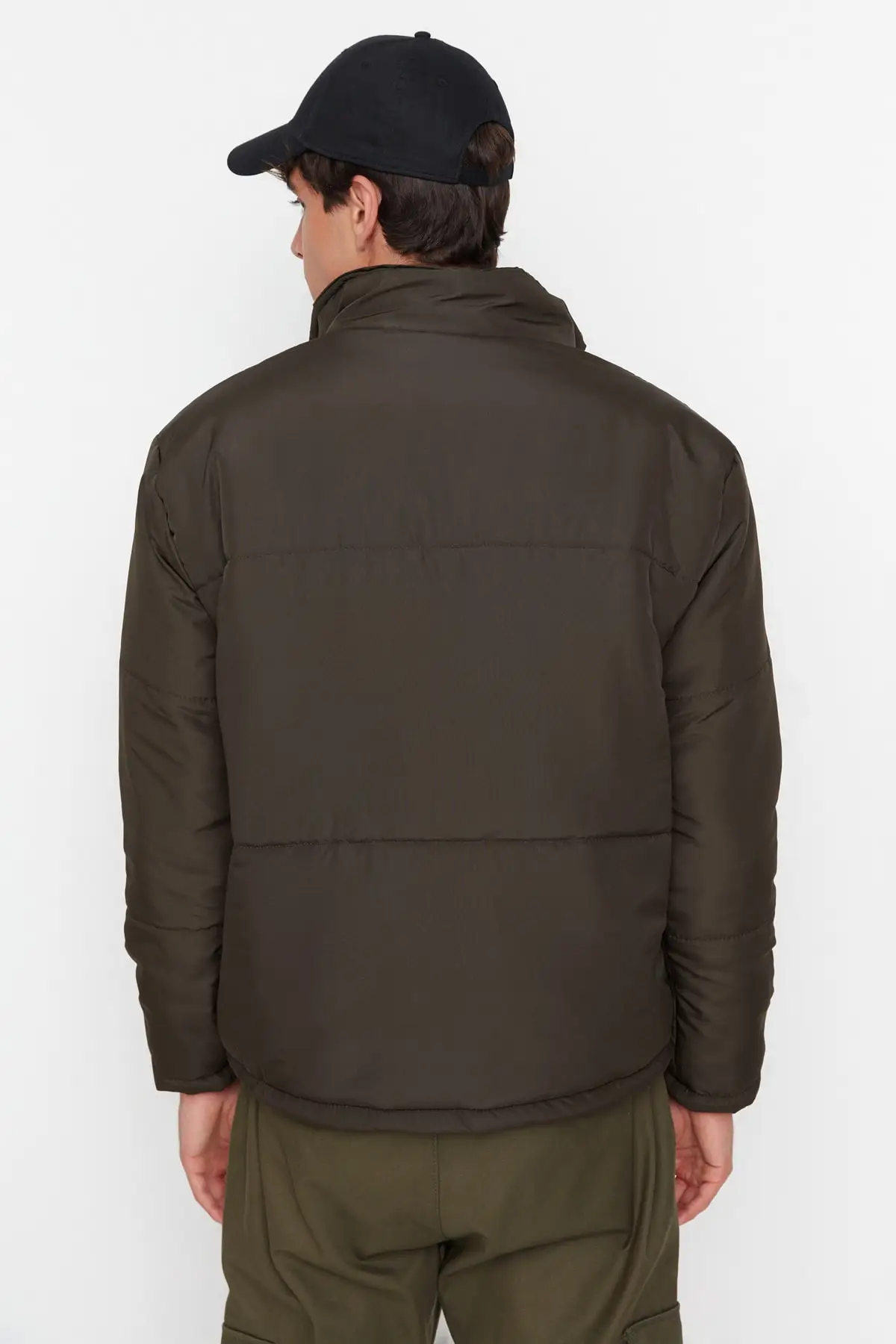Dark Khaki Men's Stand Up Collar Double Covered Pocketed Inflatable Windproof Jacket TMNAW22MO0090
