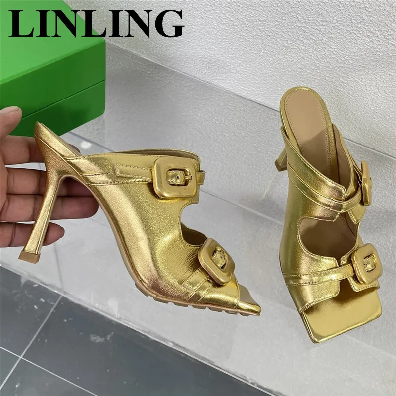 

Женские шлепанцы из натуральной кожи, на высоком каблуке, с открытым носком