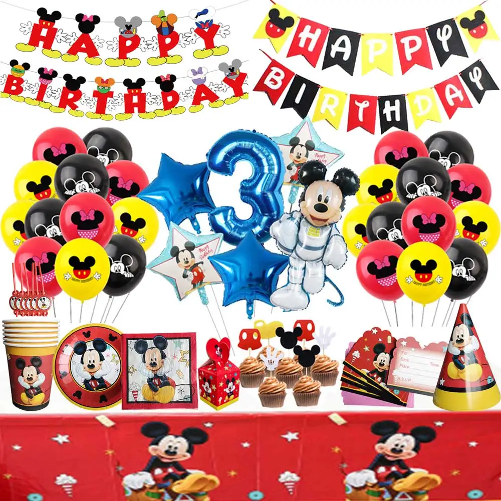 

Disney Mickey Mouse Theme Disposable Tableware Set Birthday Party Decoration Cup Plate Napkin Cake Topper Party Supplies Cutlery