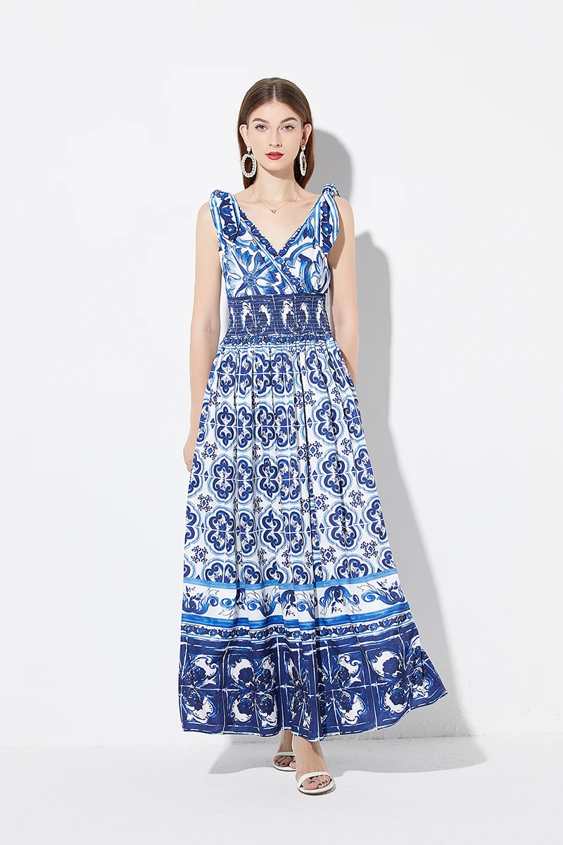 

Summer Runway Holiday Long Dress Women's Bow Spaghetti Strap V-Neck Elastic Waist Blue And Porcelain Print Party Longue Robes