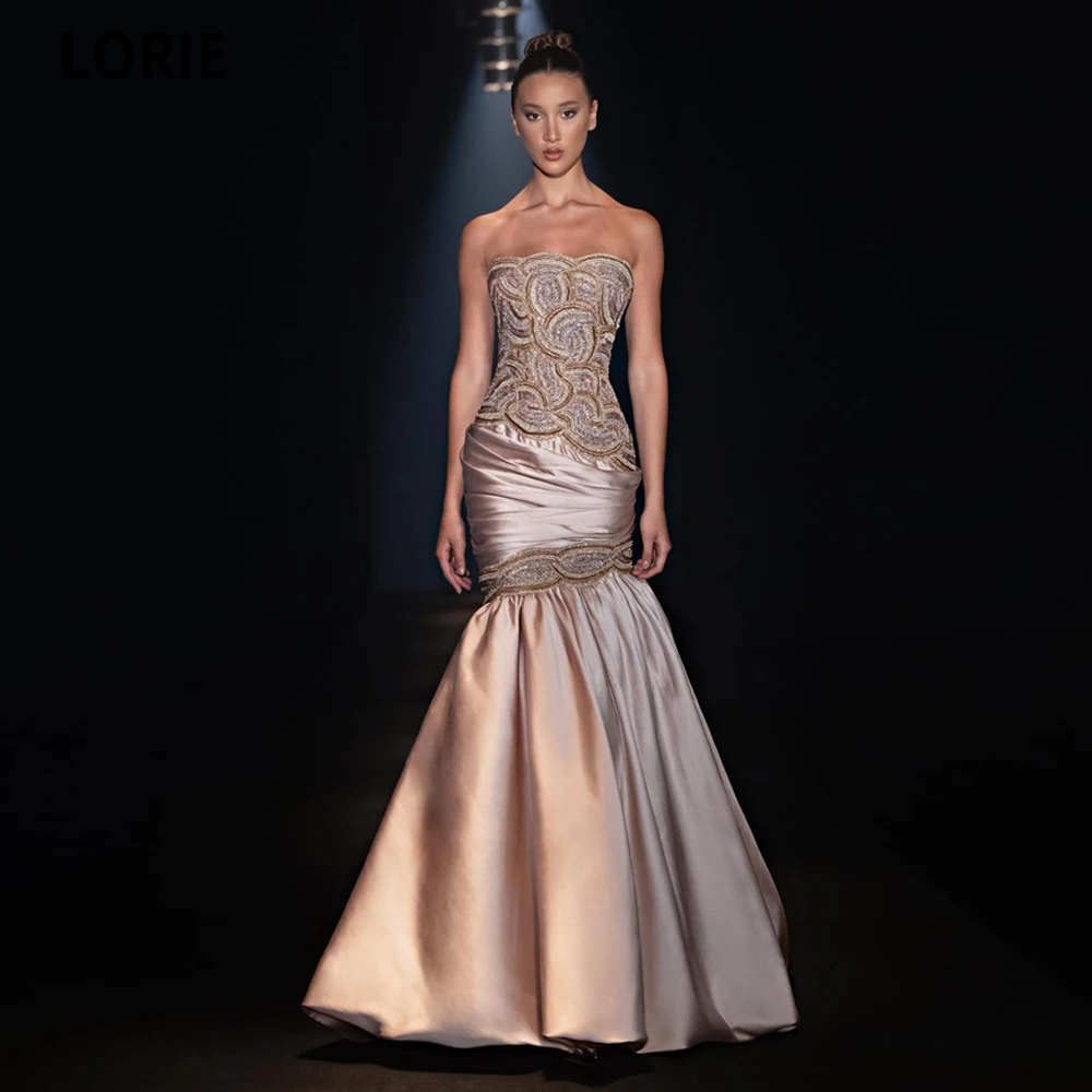 

LORIE Satin Evening Dresses Vestidos De Fiesta Sleeveless Strapless Crystals Party Dresses Formal Gowns Mermaid Evening Gowns