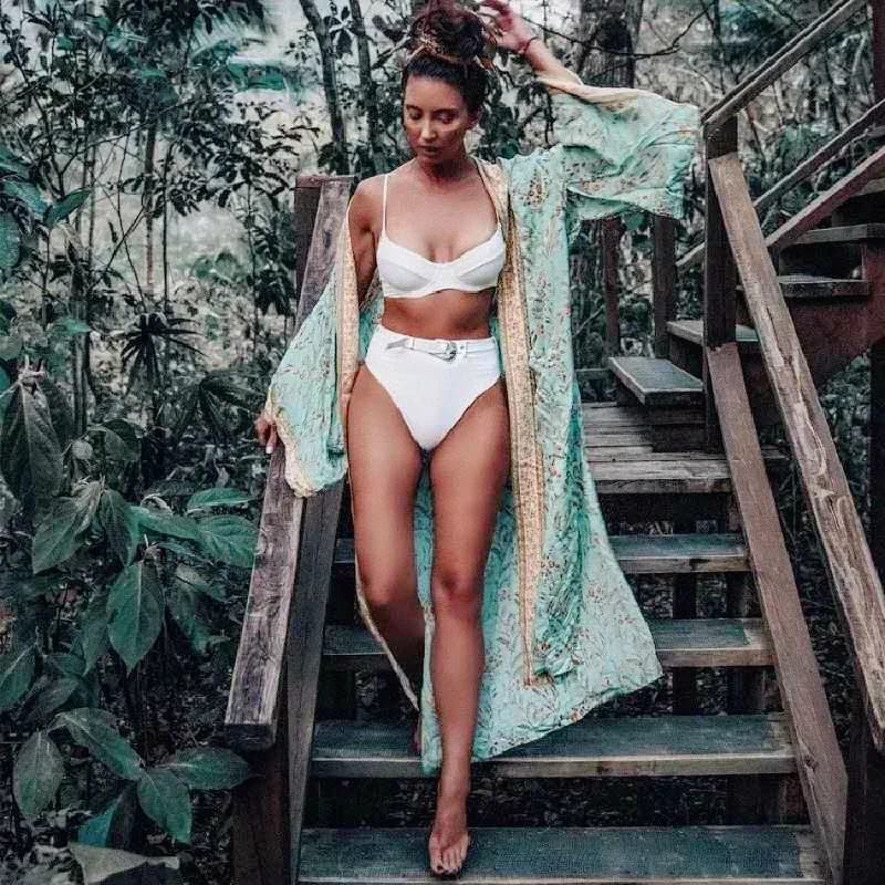 

Женское кимоно с цветочным принтом Happie Queen, зеленое пляжное богемное кимоно из искусственного шелка с рукавами летучая мышь, женское богемн...