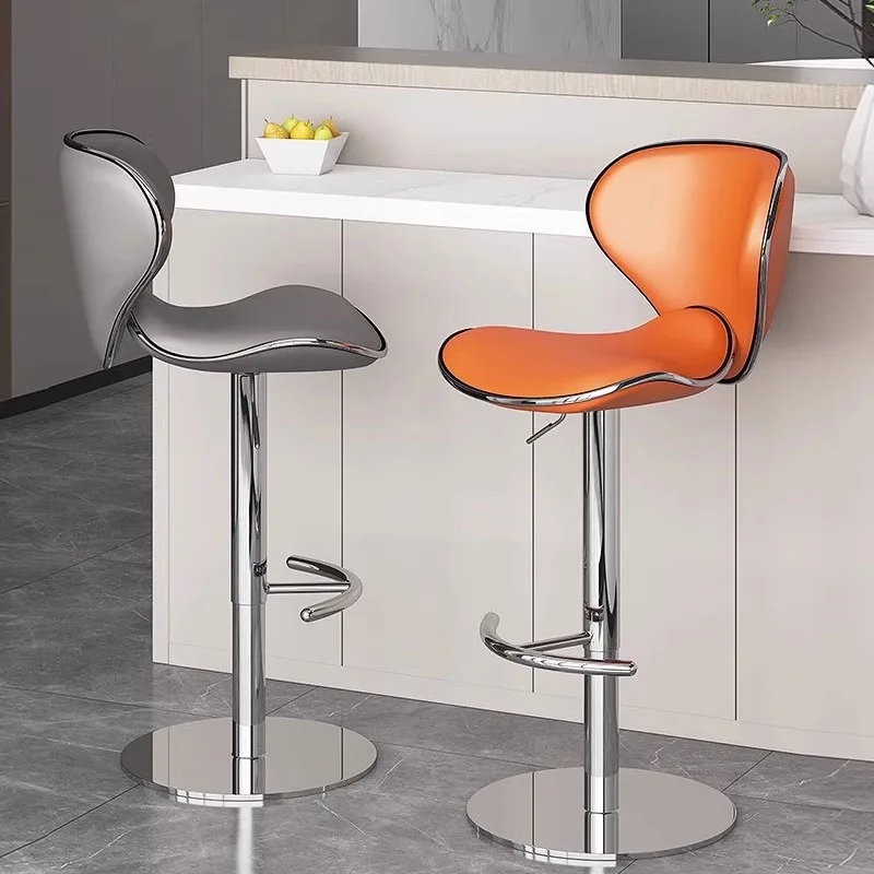 Кожаный стильный барный стул стальной серебристый регулируемый металлический