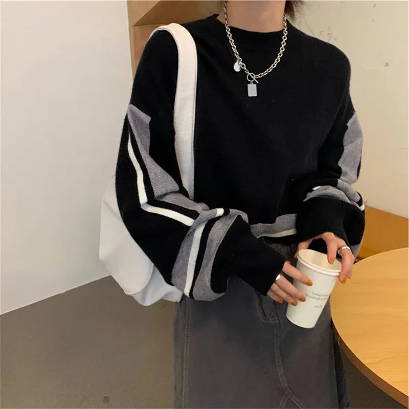 

Lantern Sleeve Sweater Women 2023 Autumn and Winter Korean Chic Niche Design Loose Pullover Short Contrast Color Female Tops