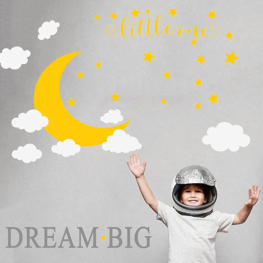 

Cartoon DIY Moon Clouds Dream Big Little One Quote Wall Stickers Living Room Kids Baby Bedroom Children's Room Decoration Murals
