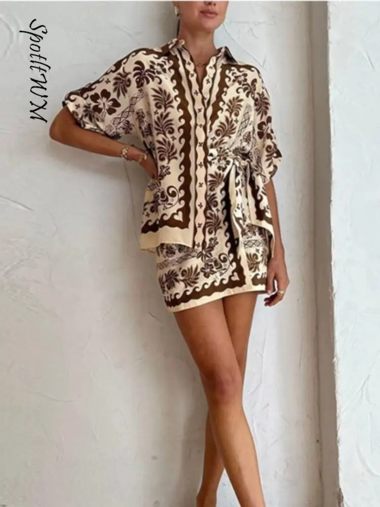 

Printing Mini Skirts Lapel Shirt 2 Piece Sets Short Sleeve Single-breasted Blouse Suit 2023 Women Leisure Lace Up Skirt Outfits