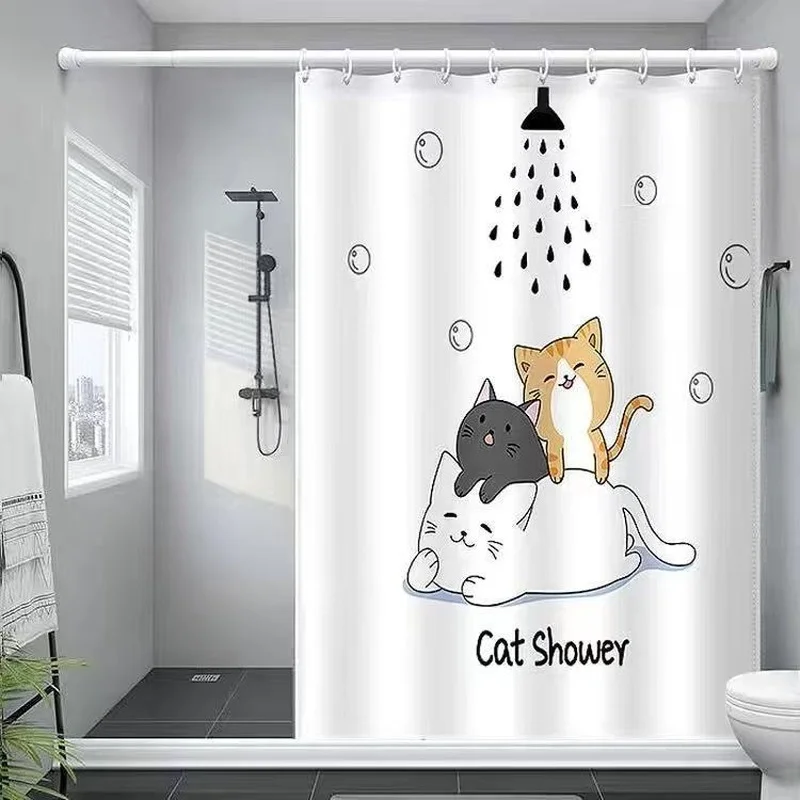 Funny Cat Shower Curtain 3D Cartoon Animal Simple White Bath Bathtub Curtain Waterproof Polyester Bathroom Accessories Set Decor