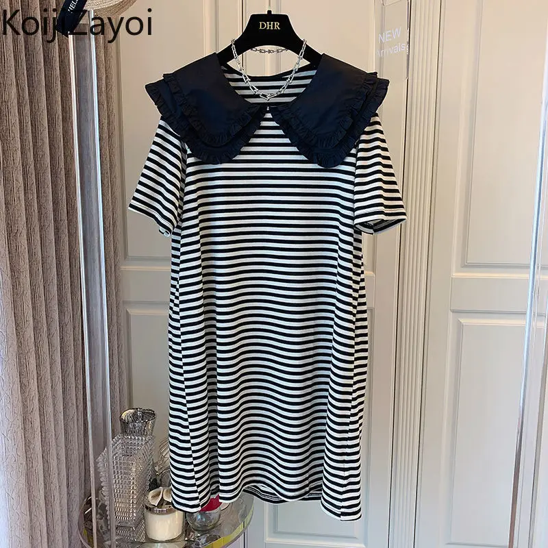 

Koijizayoi Striped Women Vintage Straight Dress Peter Pan Collar Summer Tshirt Dresses Students Loose Vestidos Dropshipping 2022