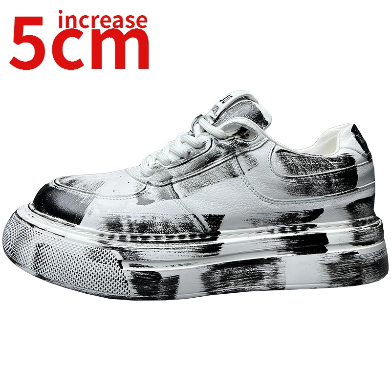 

European Personalized Design Handmade Graffiti Thick Sole Dirty Shoes Men Lightweight Retro Elevated Board Shoes White Shoes Man