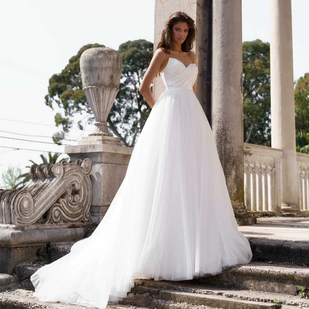 

Simple Wedding Dresses For Bride 2022 Sweetheart Sleeveless Zipper Tulle Bridal Gowns Boho Pleat Vestido De Noiva Custom Made