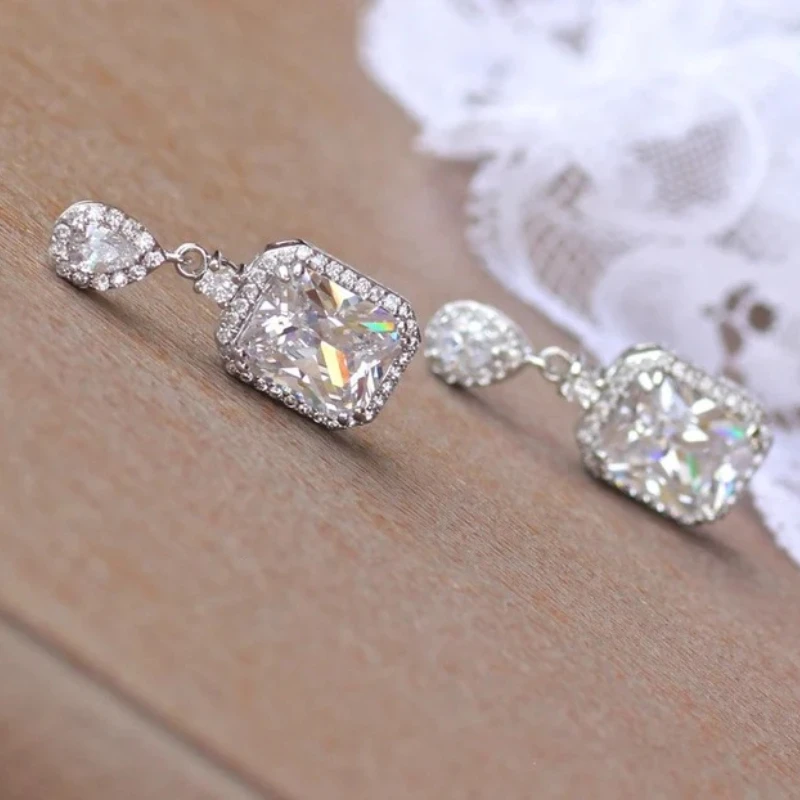 

New Exaggerated Fashion Square Zircon Silver Earrings Long Earrings Jewelry for Women Girl Wholesale Gifts
