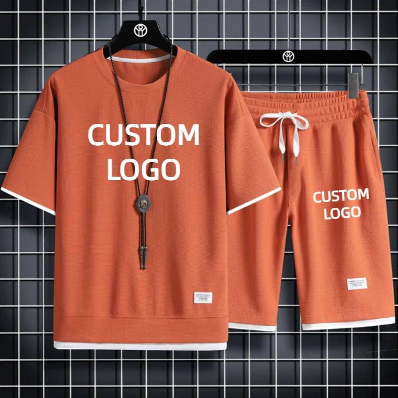 Custom Logo Men's Two Piece Set Summer Casual T-Shirt and Shorts Sports Suit Fashion Streetwear Short Sleeve Male Tracksuit