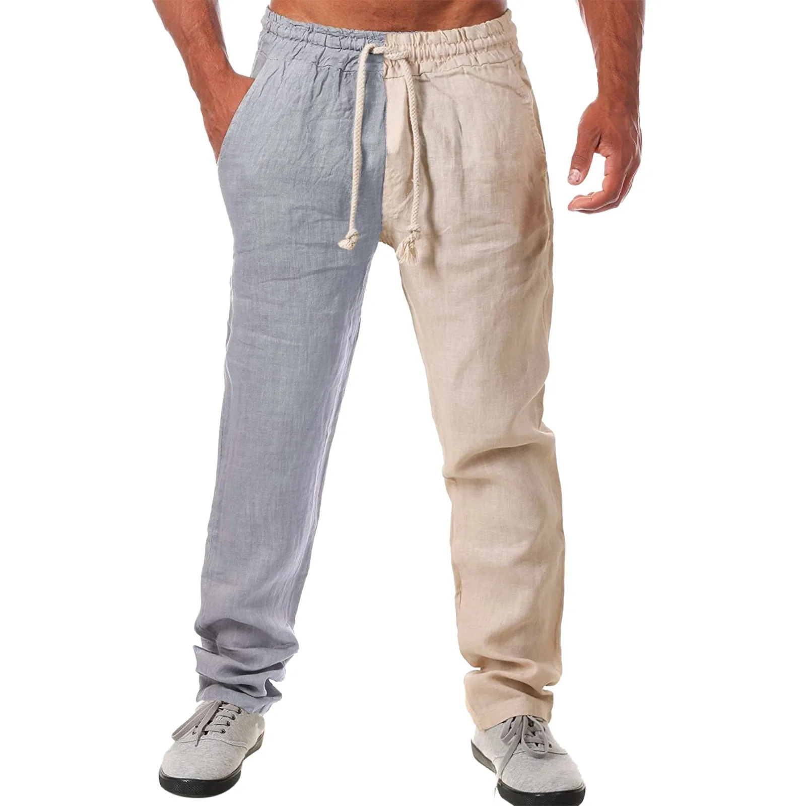 

Summer Men Linen Long Pants Patchwork Splicing Elastic Waist Pencil Leg Pants With Drawstring