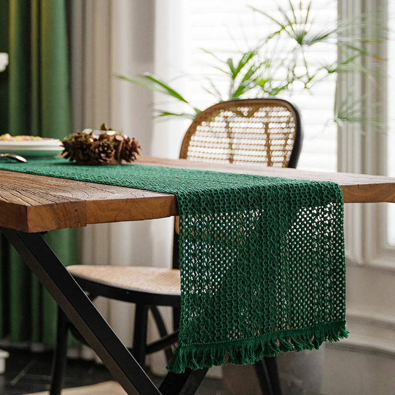 

French Cotton Hemp Table Flag Vintage Green Series Forest Party Wedding Festival Woven Tassel Insulation Coffee Table Decor