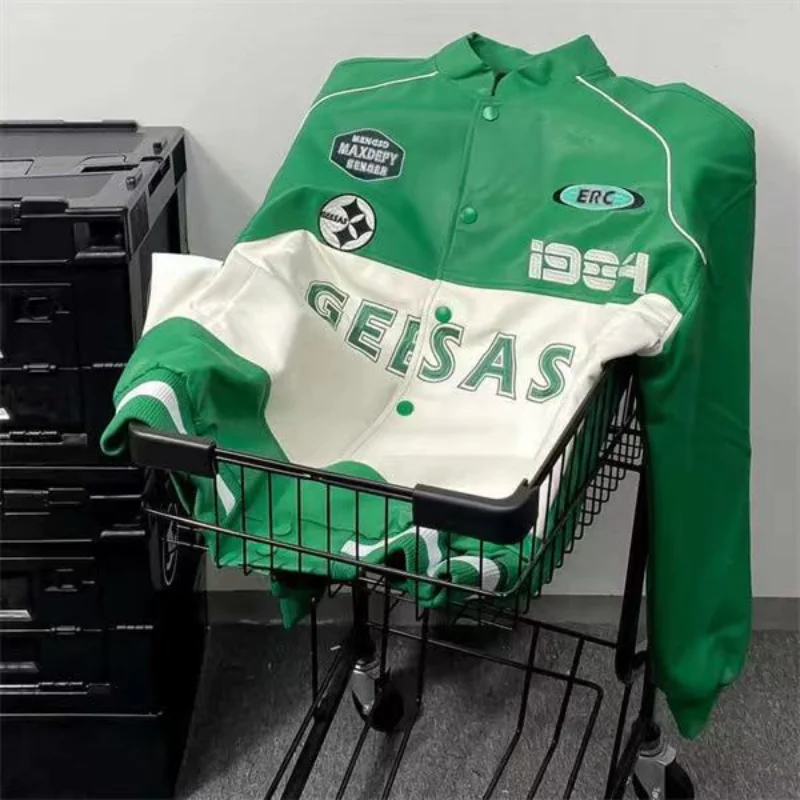 

Зеленая бейсбольная куртка из искусственной кожи с вышивкой, мужская куртка, винтажная Готическая куртка с длинным рукавом, женская верхняя одежда на зиму