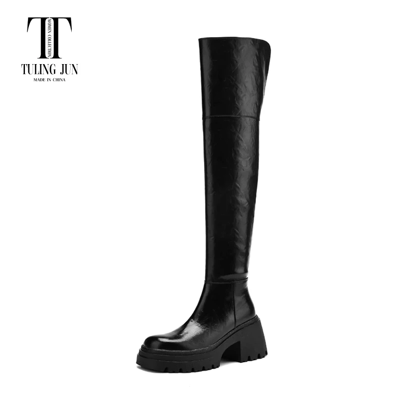 TULING JUN 2024 Winter Concise Famale Round Head Solid Color Elegant Over-The-Knee High Heels Zip Shoes For Womens T-C6022