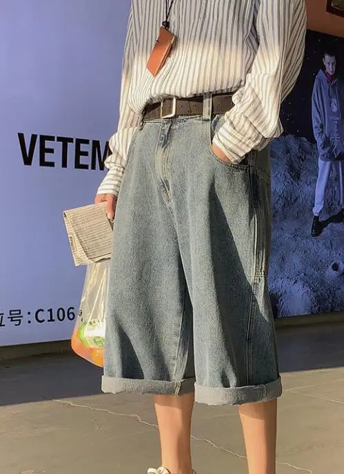 Summer Denim Shorts Men's High Street Jeans Wide Leg Calf-Length Pants Big Pocket Casual Straight Jeans