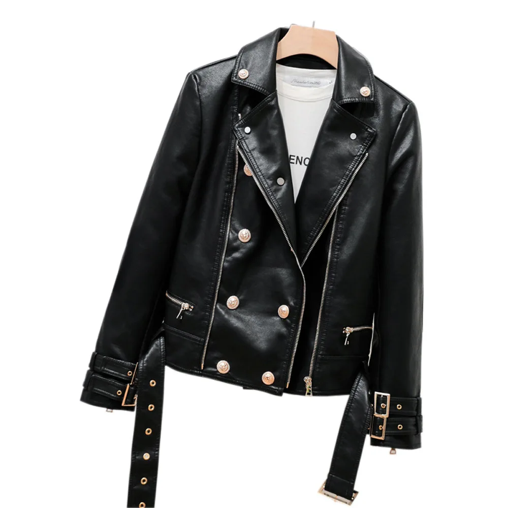 Lapel belt double-breasted Zipper leather slim-fit coat short motorcycle leather jacket