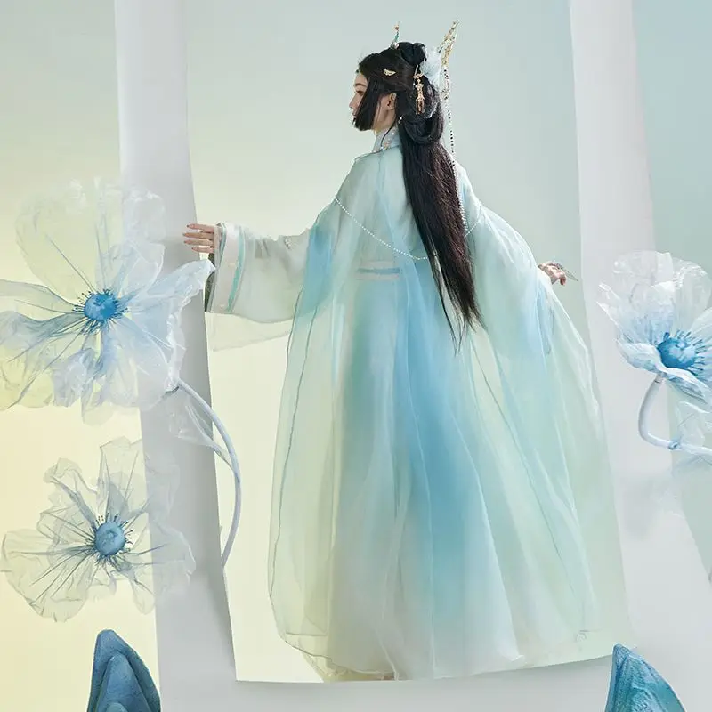 Женское платье в китайском стиле белый голубой топ из двух предметов синяя юбка с