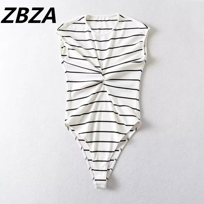 

ZBZA Women 2023 New Chic Fashion Summer Round Collar Stripe Knot Adorn Jumpsuit Vintage Sleeveless Female Playsuits Mujer