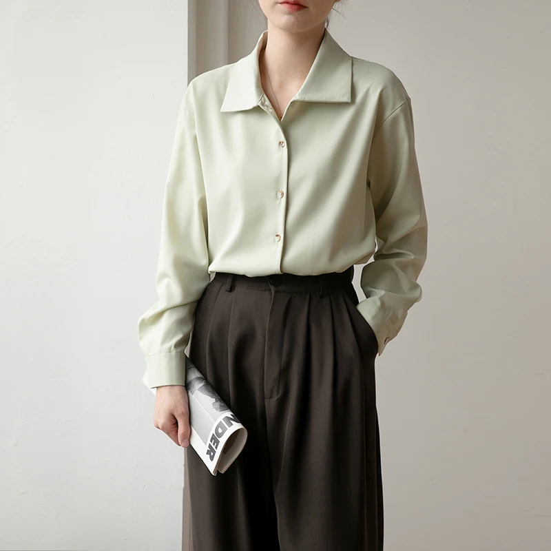 Женская однобортная рубашка свободная однотонная офисная во французском стиле с