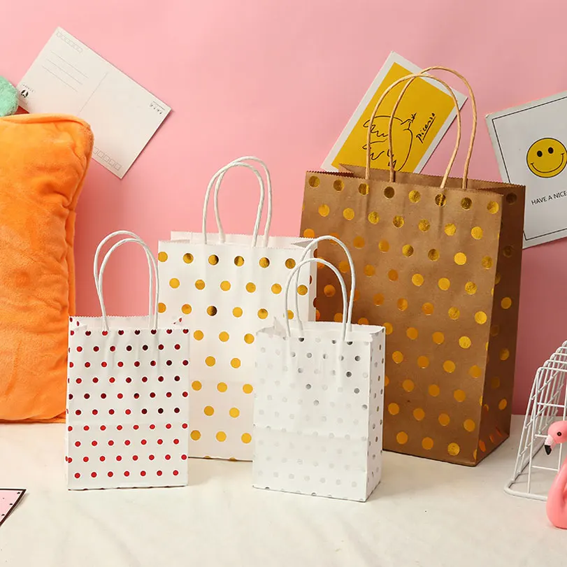 

White Kraft Paper Bags Gold Polka Dot Party Favors Bags with Handle Large Shopping Bags Retail Paper Bags Bulk